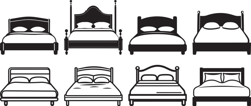 Clean and simple black vector silhouette of a bed icon.
