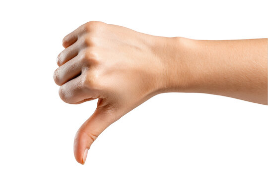 Closeup of a female hand showing thumbs down gesture isolated on no arm on transparent background