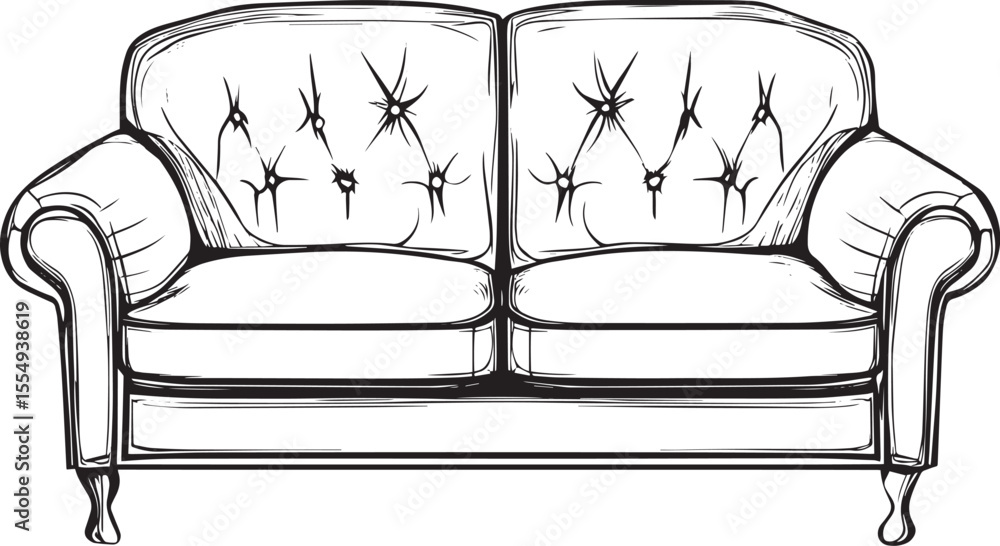 Poster minimalistic black vector illustration of a sofa with a linear outline.