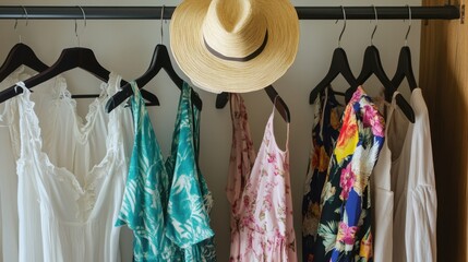 A row of colorful summer dresses and a straw hat hang neatly on black hangers inside a closet
