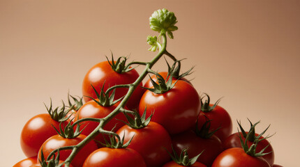 Lots of red round tomatoes with green cuttings, background texture. Ripe vegetables, freshly harvested