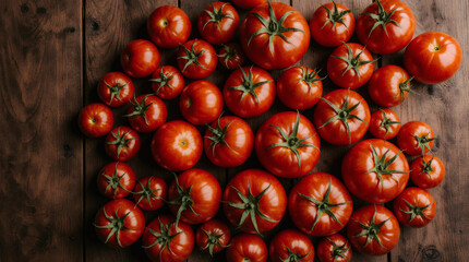 Lots of red round tomatoes with green cuttings, background texture. Ripe vegetables, freshly harvested