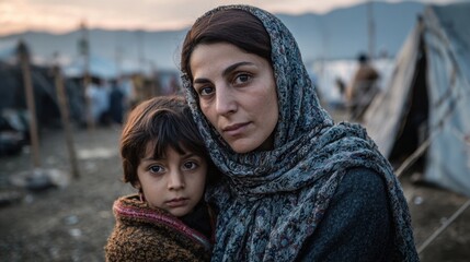 A woman and child with solemn expressions stand close together in a refugee camp