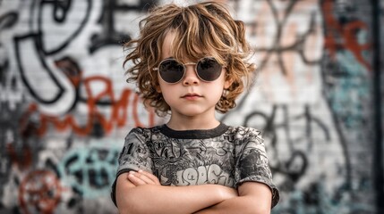child boy with tousled hair and sunglasses stands with arms crossed in front of a graffiti-covered wall
