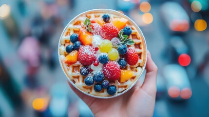A hand holds a colorful waffle topped with whipped cream and a vibrant assortment of fresh fruits