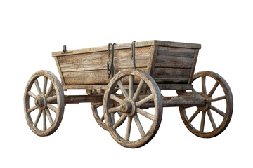 Rustic wooden cart with detail on wheels and body, set against a transparent background for versatile use in design and creative projects