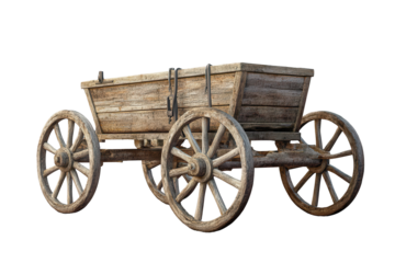 Rustic wooden cart with detail on wheels and body, set against a transparent background for versatile use in design and creative projects