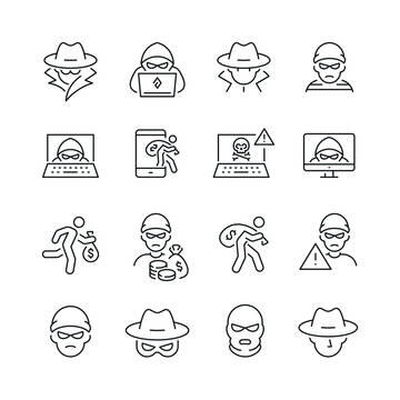 Vector line set of icons related with thief. Contains monochrome icons like hacker, thief, spy, mask, crime and more. Simple outline sign.
