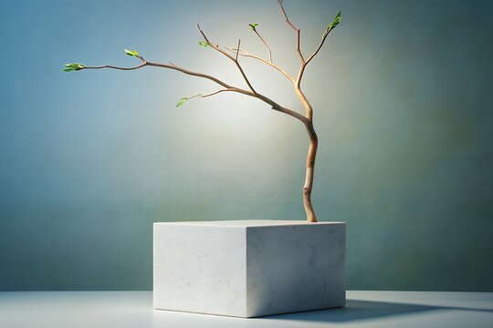 A solitary bare tree branch with delicate green leaves emerging from its tips stands upright from a textured concrete cube