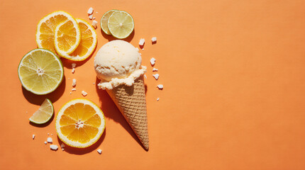 Minimal idea with ice cream waffle cone and ripe citrus fruit slices: orange, lime, lemon on orange background. Minimal trendy summer food concept. Vitamins, healthy diet creative layout.