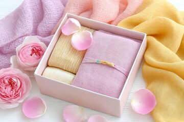 Pastel gift box with soft pink, yellow, and lavender fabrics and rose petals
