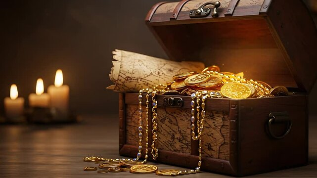 Treasure chest filled with gold coins, map, and candles illuminated by candlelight