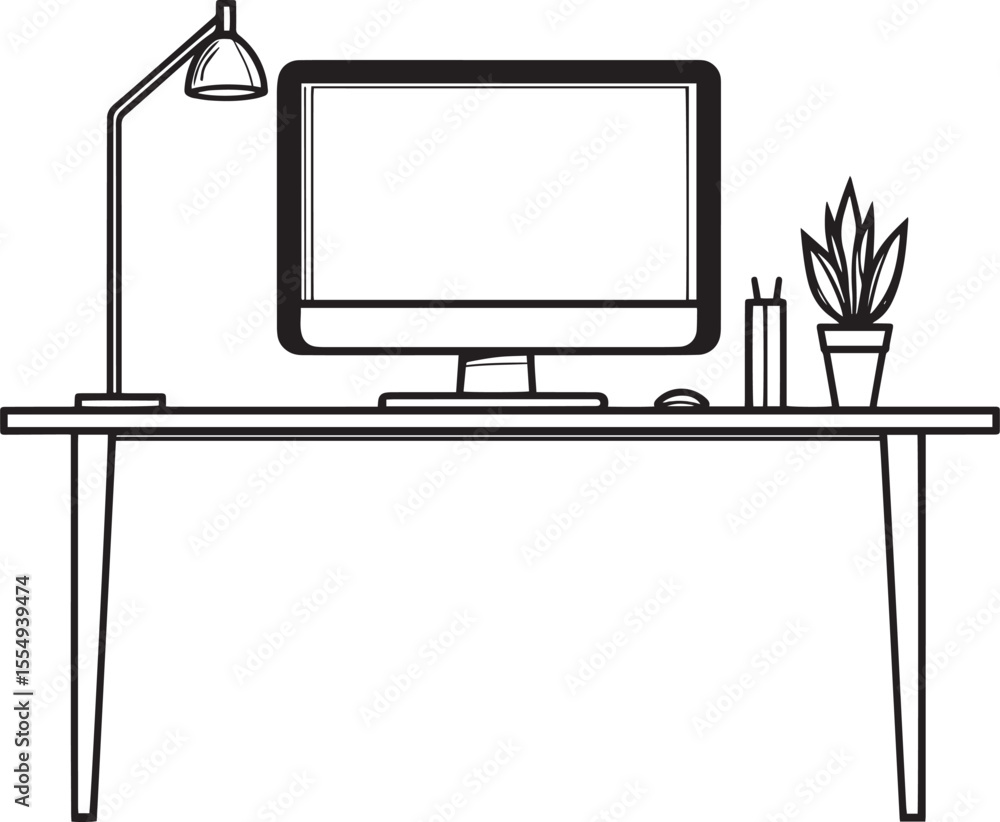 Fototapete office computer desk clean simple vector linear outline black vector illustration