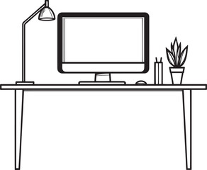 Office computer desk clean simple vector linear outline black vector illustration