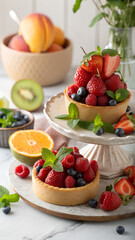 fresh fruit salad,fruit salad in a bowl, Vibrant Stack of Fresh Fruits with Mint Garnish