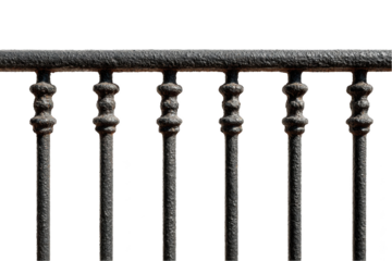 Vintage black metal fence detailed texture seamless pattern old iron rail on transparent background