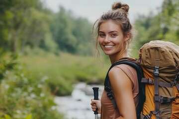 Happy young woman hiking in nature with backpack.