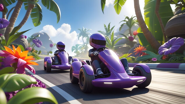 Cartoon go-kart racing on a vibrant tropical track