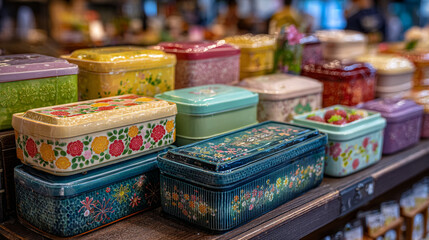 Display of decorative tin boxes with floral patterns on a wooden shelf indoors