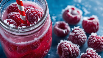 Macro of a refreshing iced raspberry drink with frozen berries