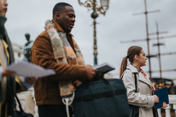 Group of diverse individuals walking in an outdoor urban area carrying notebooks, bags, and wearing...