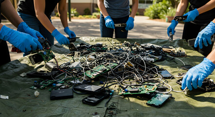 Volunteers sorting electronic waste for recycling protecting our planet eco friendly initiative