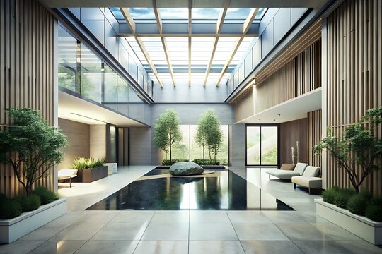 Modern architectural atrium with a reflective pool lush greenery natural light from a skylight and minimalist seating areas - Powered by Adobe