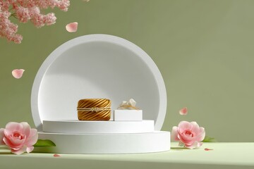 Luxury jewelry display with round white stand and pink roses in elegant setting