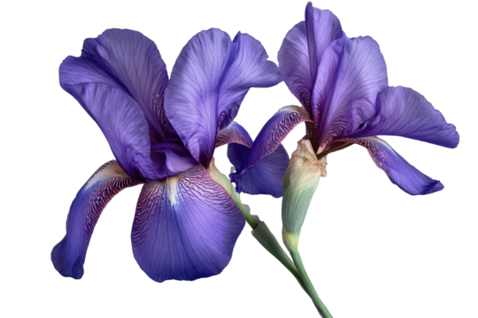 Beautiful purple iris flower showcasing delicate petals and intricate details isolated against a transparent background for artistic display and design