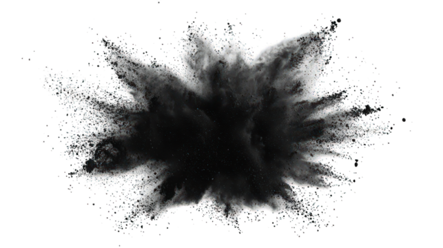Exploding grayscale powder, radiating outward from a central point, against a black background.  Colorful specks accentuate the edges