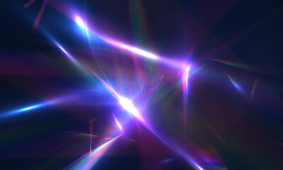 Rainbow and prismatic refraction of bright light reflections. Holographic reflections on a dark background.