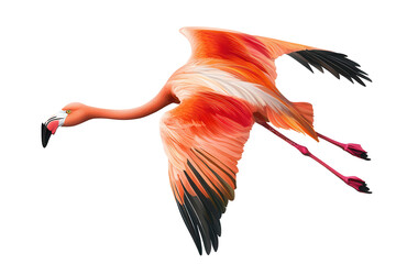 Red flamingo bird soaring gracefully in flight against a transparent background with vibrant plumage and distinctive wing patterns