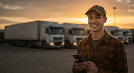 Smiling Truck Driver Using Smartphone at Sunset Logistics Transportation Delivery Cargo Shipping
