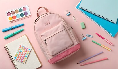 A flat lay composition of a pastel school backpack and colorful stationery items
