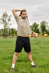 Sporty young man stretches in a green park while training outdoors in the morning light