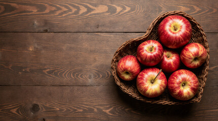 Red apples in a heart shaped basket on a wooden background.