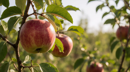 Bright red apples hanging from tree branch in sunlight