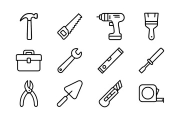 Obraz premium Essential tools outline set for diy and construction activities, vector illustration