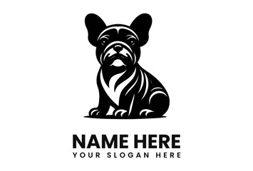 Stylized black and white logo of a French Bulldog sitting, with text 