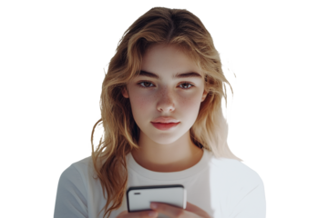 Portrait of a girl scrolling through social media with a focused expression. Isolated on a seamless white background. Perfect for lifestyle, tech, and youth engagement concepts. PNG and transparent ba