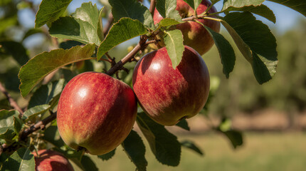 Bright red apples hanging from tree branch in sunlight