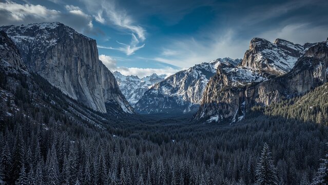 A scenic view of a valley with snow capped mountains and a dense forest under a cloudy blue sky
