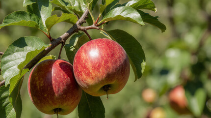 Bright red apples hanging from tree branch in sunlight