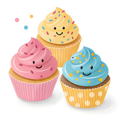 Cute Cartoon Cupcakes with Smiling Faces and Colorful Frosting
