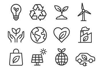 Eco-friendly icons highlighting sustainability and renewable energy, vector illustration