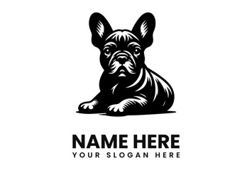 A stylized black and white illustration of a French Bulldog puppy, sitting, suitable for a logo or branding.