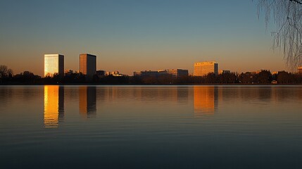 Naklejka premium Golden reflections of city buildings on a tranquil lake at sunrise.