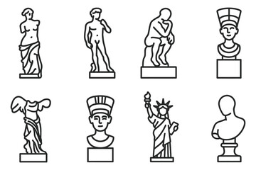 Iconic sculptures and statues in outline style, vector illustration