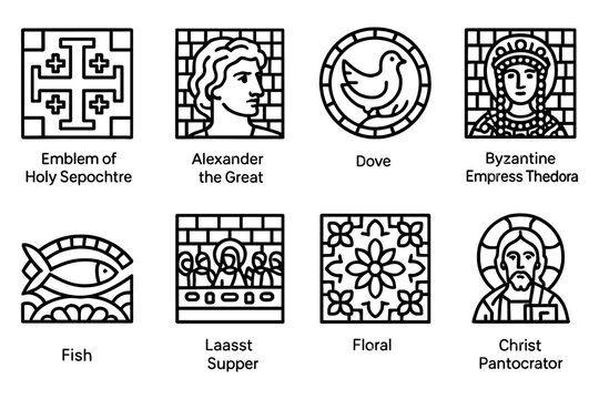 Historical and religious icons featuring alexander the great and byzantine empress theodora, vector illustration
