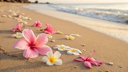 Fototapeta premium Pink hibiscus and plumeria blossoms on sandy beach. Tropical flowers close-up. Exotic summer floral arrangement. Paradise island nature scene